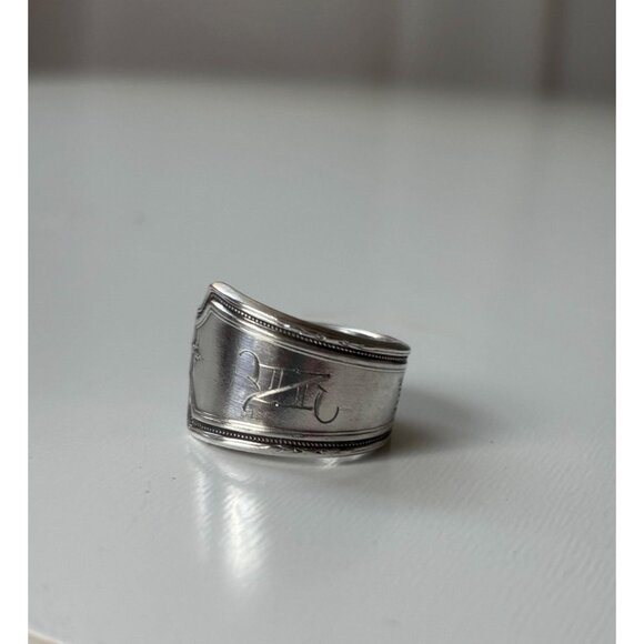 Handmade Monogram “N” Spoon Ring: Antique Silver Plated, Size 7 - Picture 2 of 7